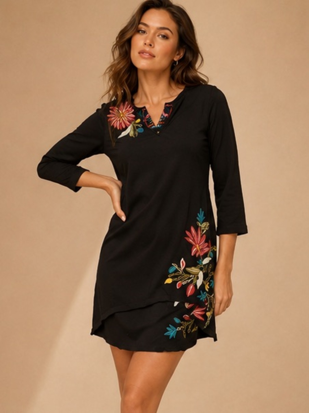 JW Los Angeles Embroidered Floral Tunic Dress Large